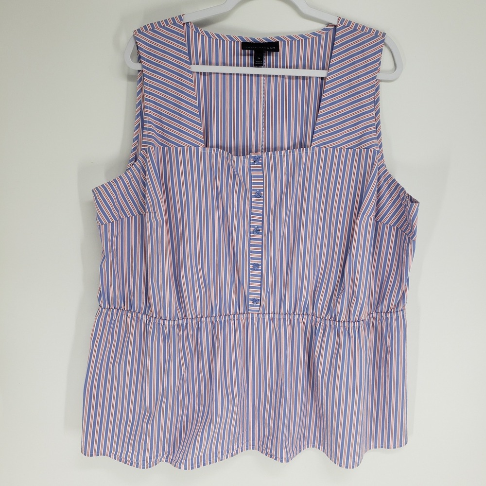 Lane Bryant Striped Peplum Tank Top Women 24 Blue Red Square Neck Button Front